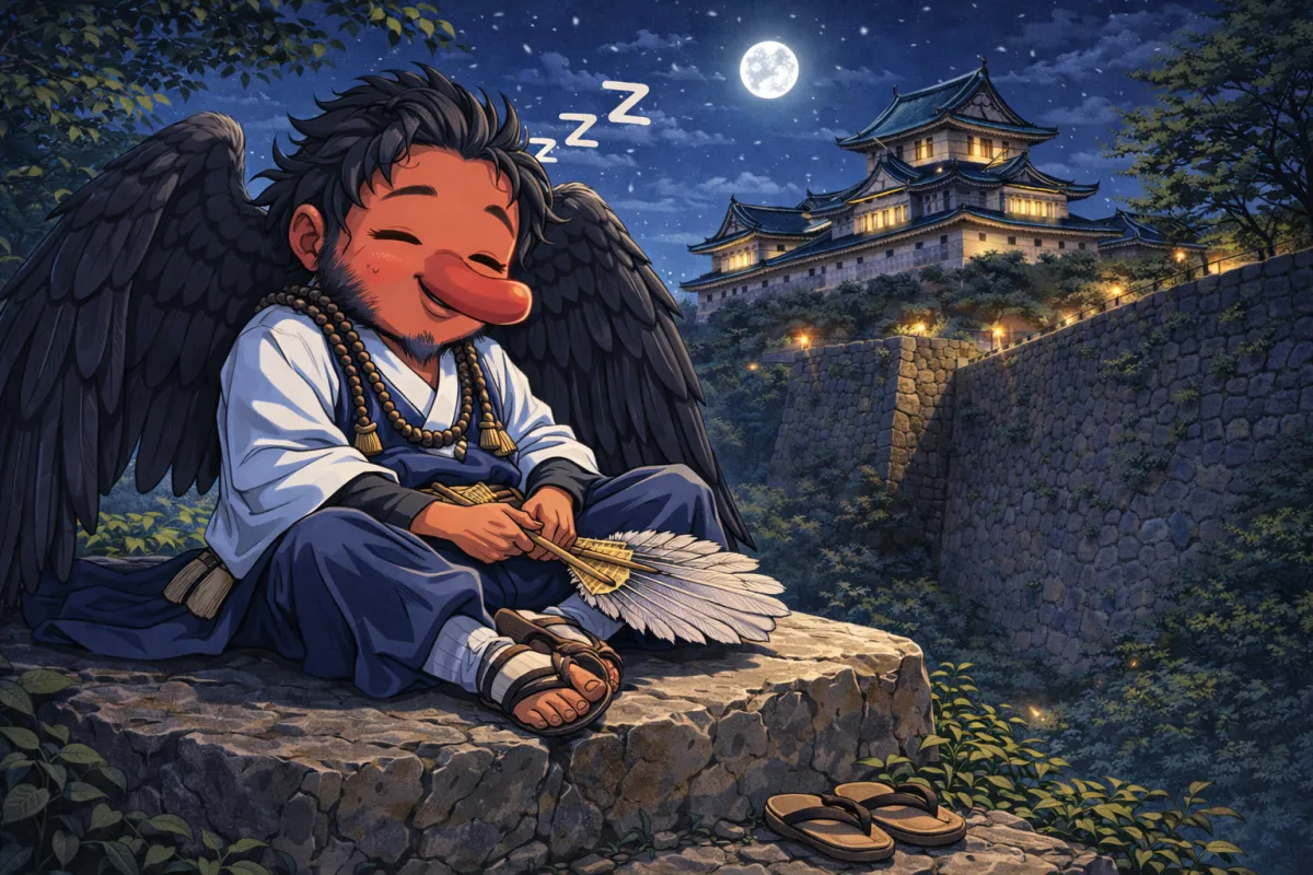 和歌山城の天狗の腰掛け石に腰掛ける天狗のイメージ